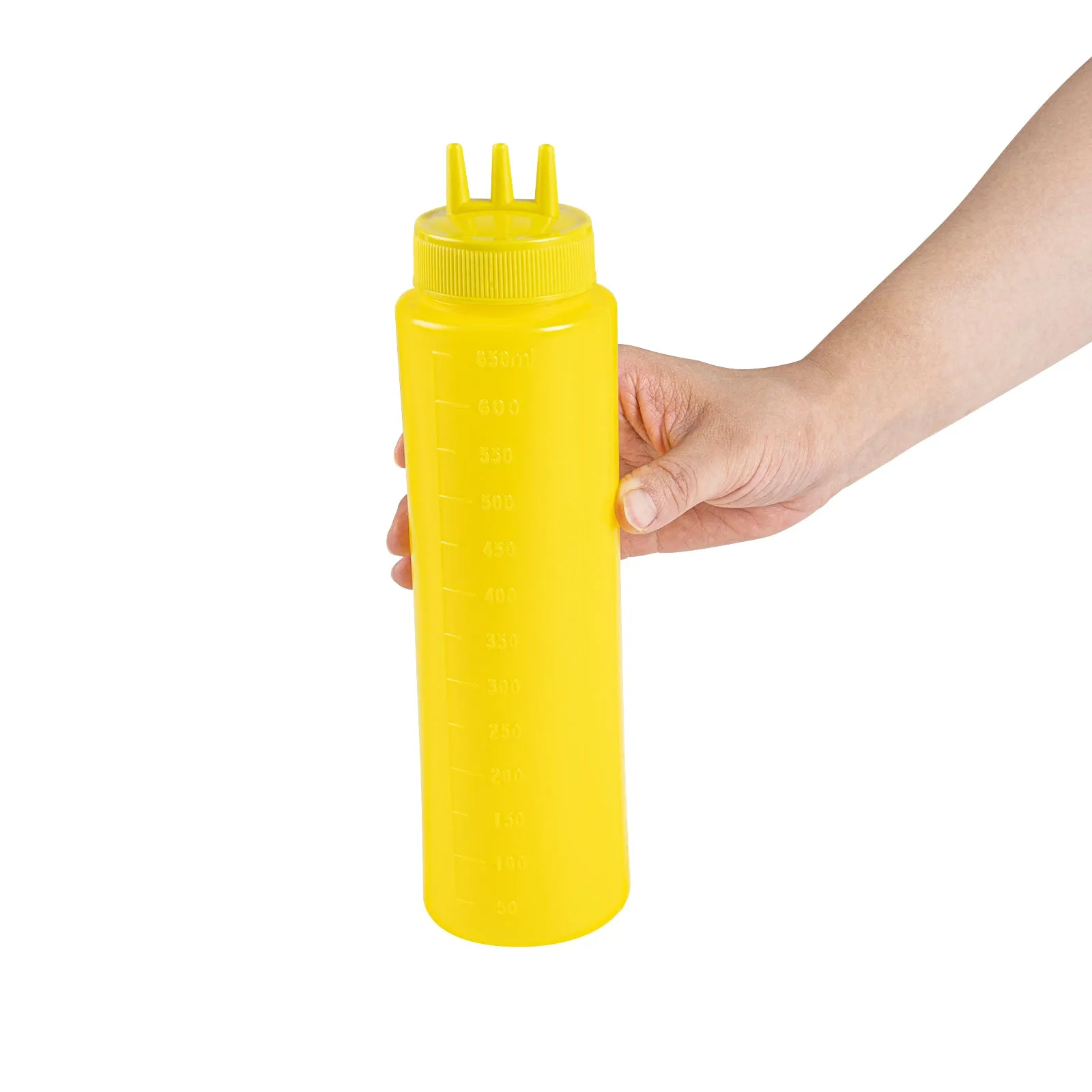 24 oz Yellow Plastic Mustard Squeeze Bottle - with Triple Dispersion Tip - 2 1/2" x 2 1/2" x 9 3/4" - 6 count box