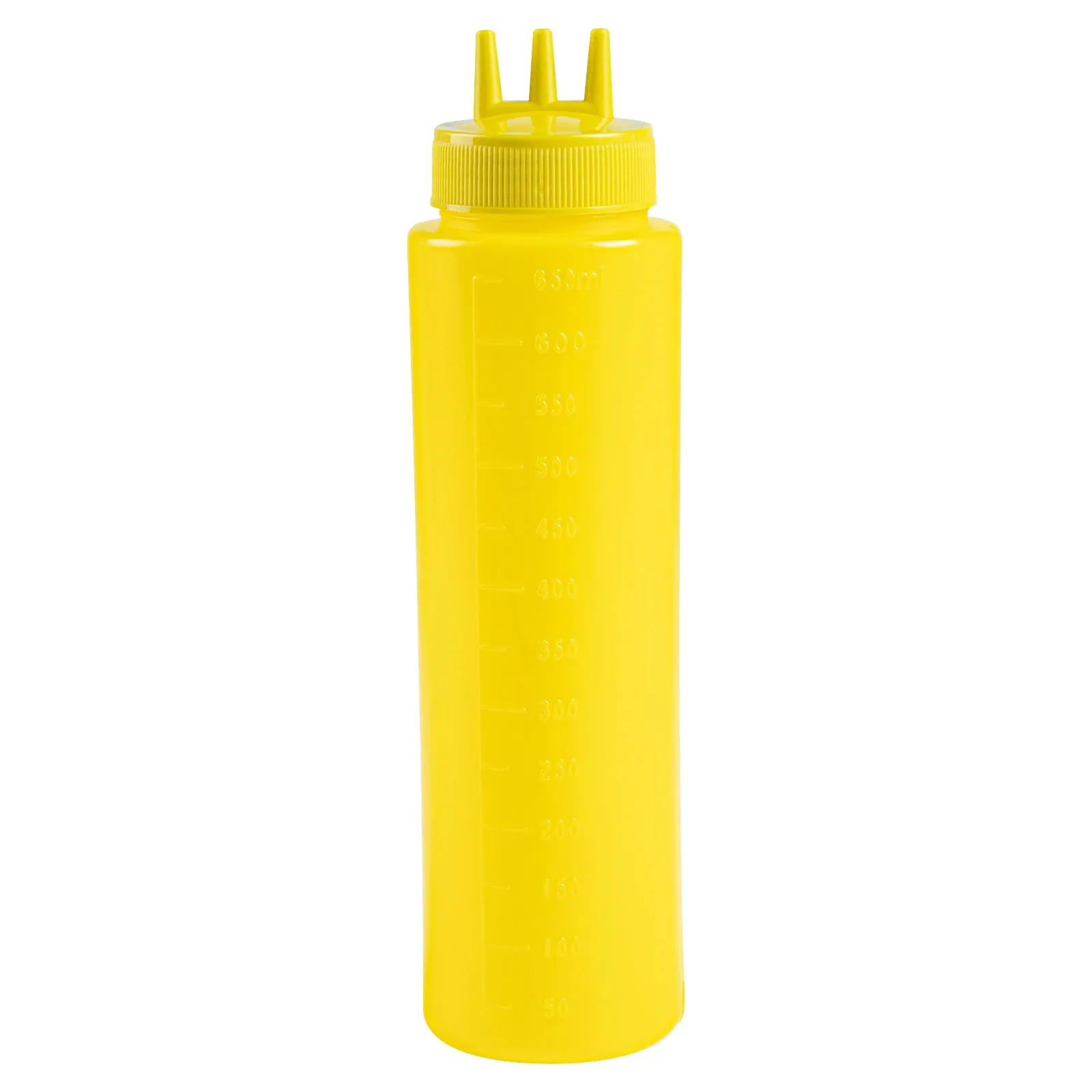 24 oz Yellow Plastic Mustard Squeeze Bottle - with Triple Dispersion Tip - 2 1/2" x 2 1/2" x 9 3/4" - 6 count box