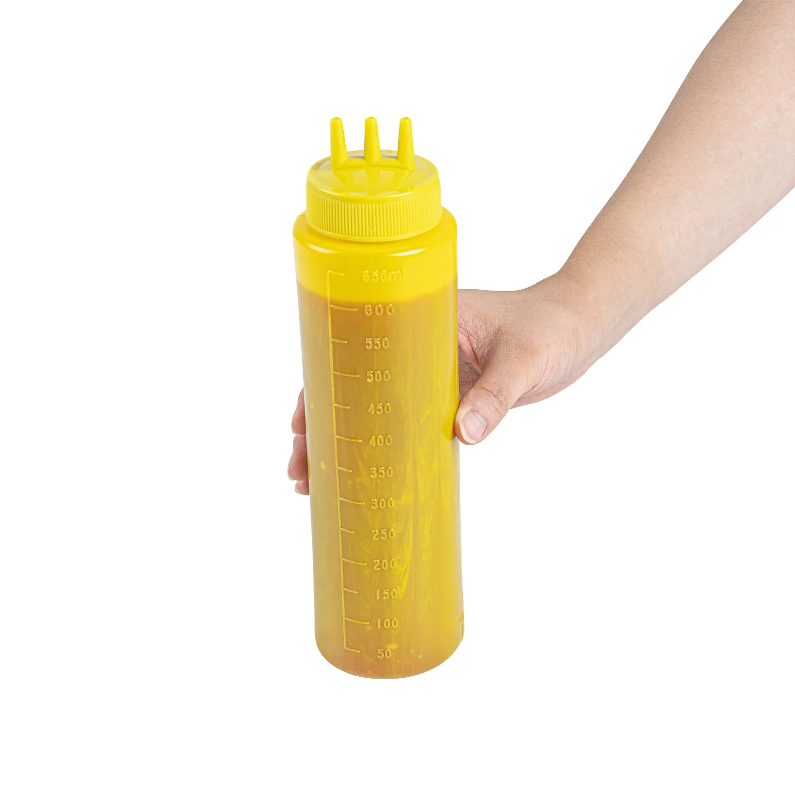 24 oz Yellow Plastic Mustard Squeeze Bottle - with Triple Dispersion Tip - 2 1/2" x 2 1/2" x 9 3/4" - 6 count box