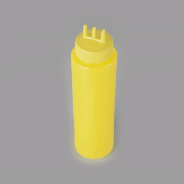 24 oz Yellow Plastic Mustard Squeeze Bottle - with Triple Dispersion Tip - 2 1/2" x 2 1/2" x 9 3/4" - 6 count box