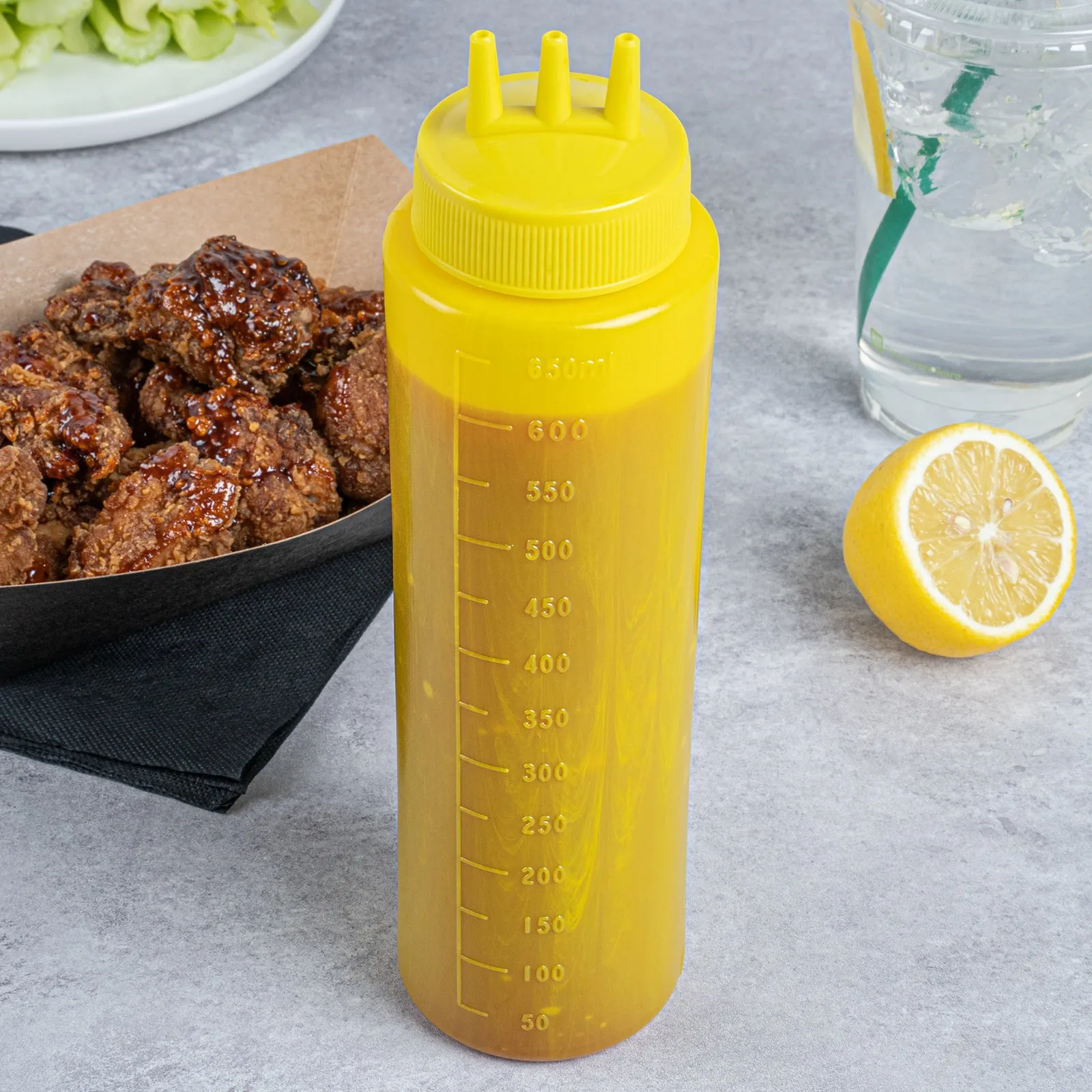 24 oz Yellow Plastic Mustard Squeeze Bottle - with Triple Dispersion Tip - 2 1/2" x 2 1/2" x 9 3/4" - 6 count box