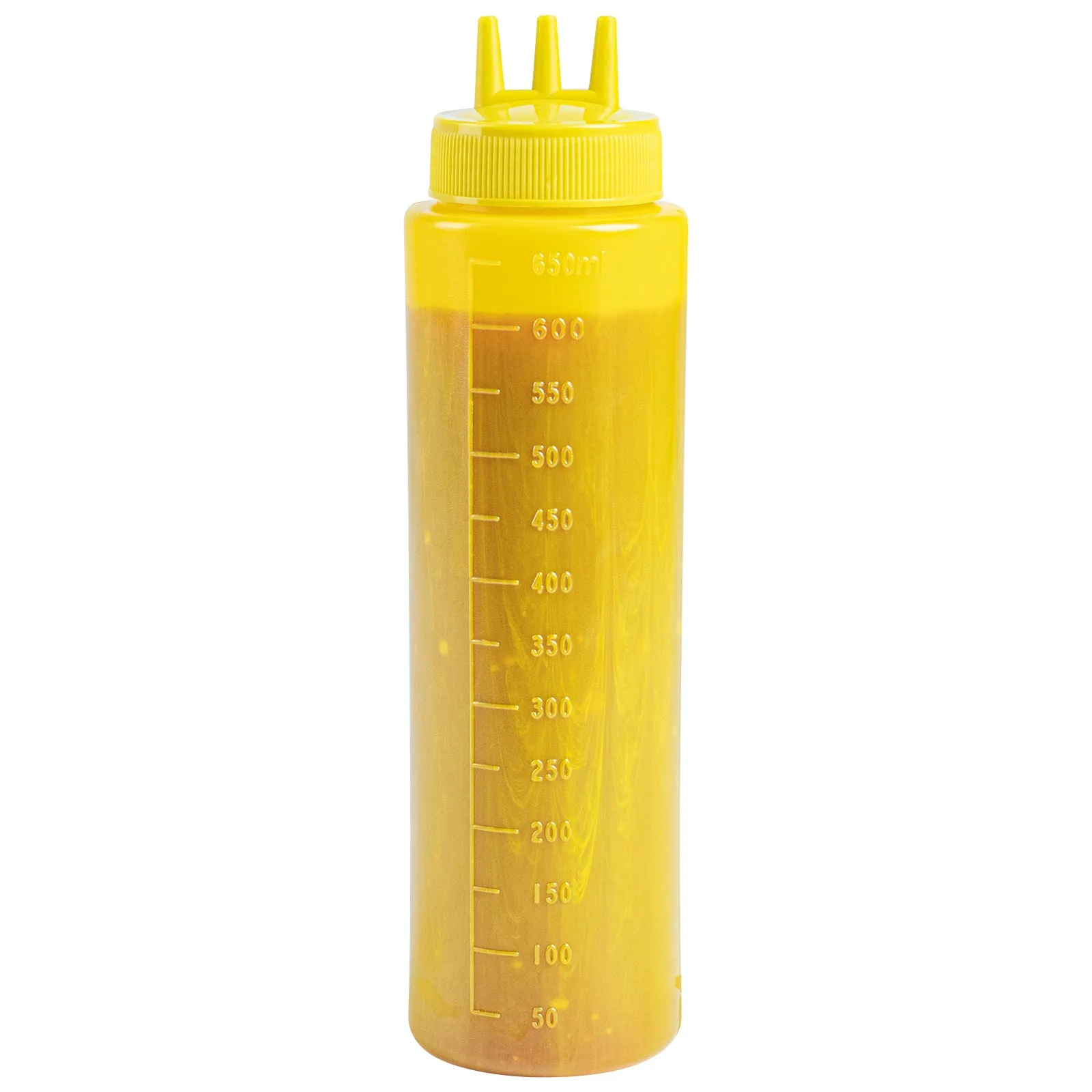 24 oz Yellow Plastic Mustard Squeeze Bottle - with Triple Dispersion Tip - 2 1/2" x 2 1/2" x 9 3/4" - 6 count box