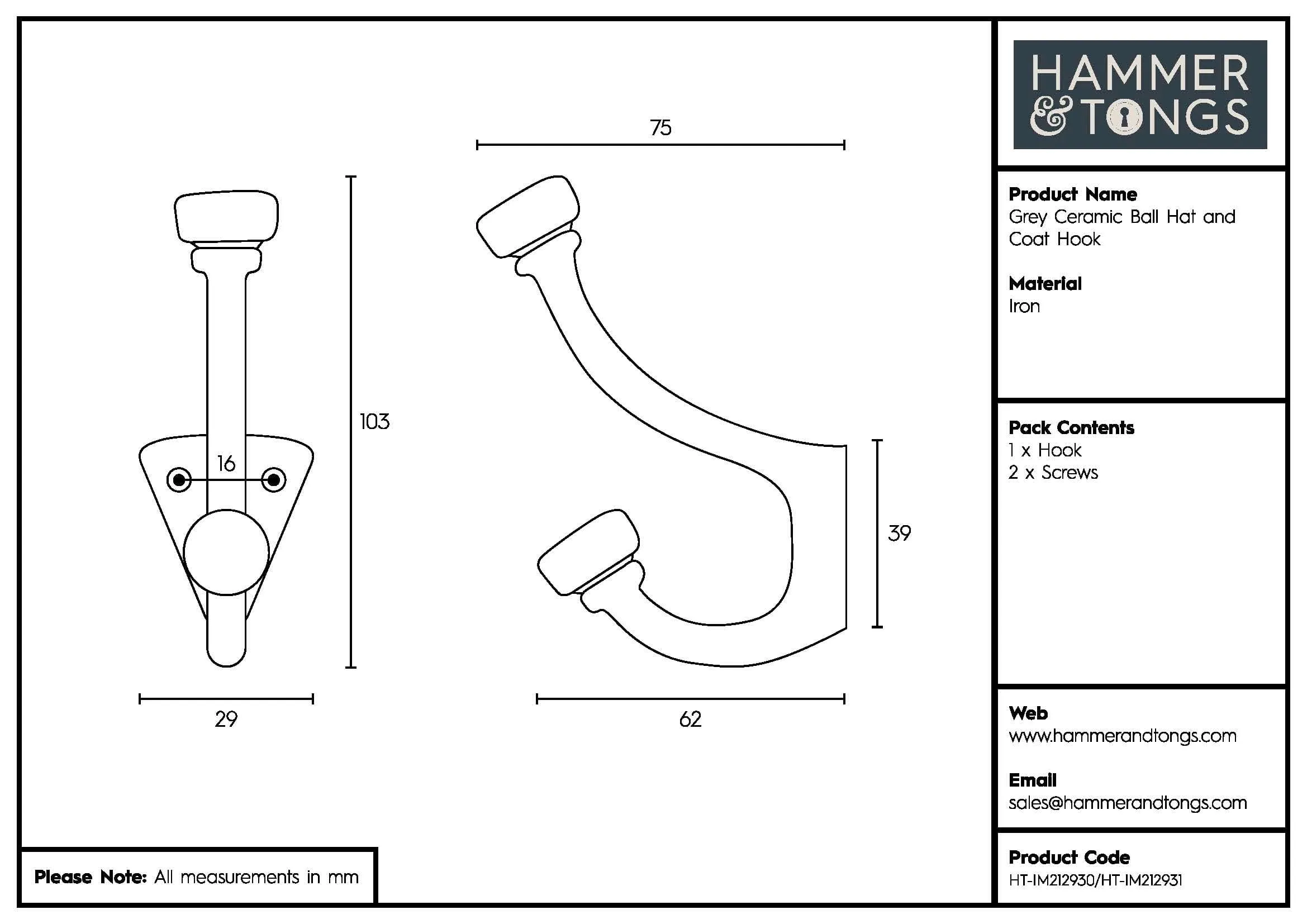 30mm x 105mm Grey Ceramic Ball Hat & Coat Hook - By Hammer & Tongs