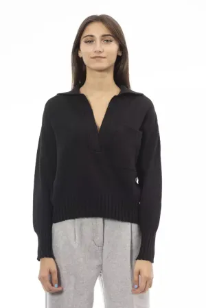 Alpha Studio Elegant V-Neck Black Sweater with Ribbed Trims