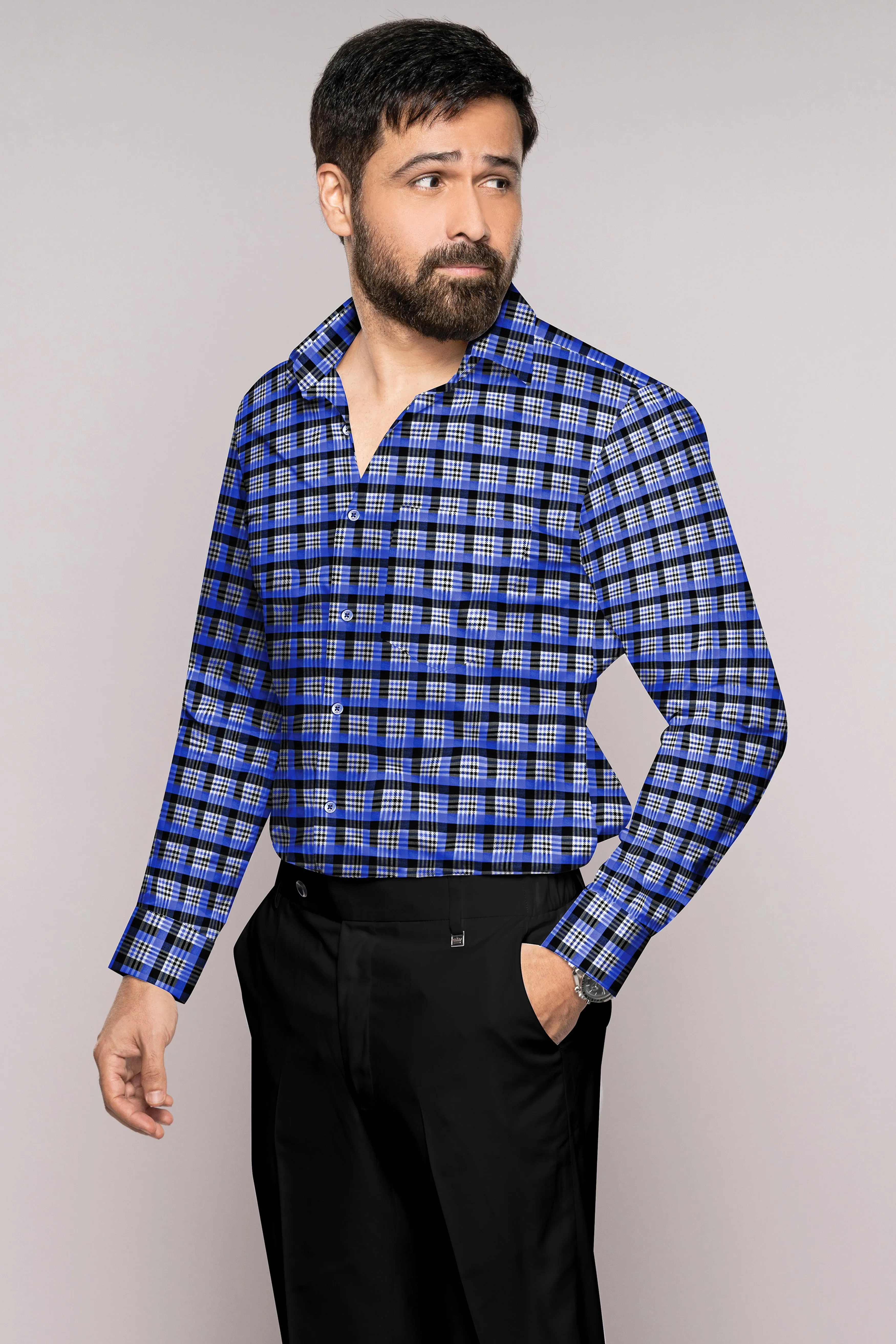 Azul Blue with White and Black Checkered Houndstooth Shirt