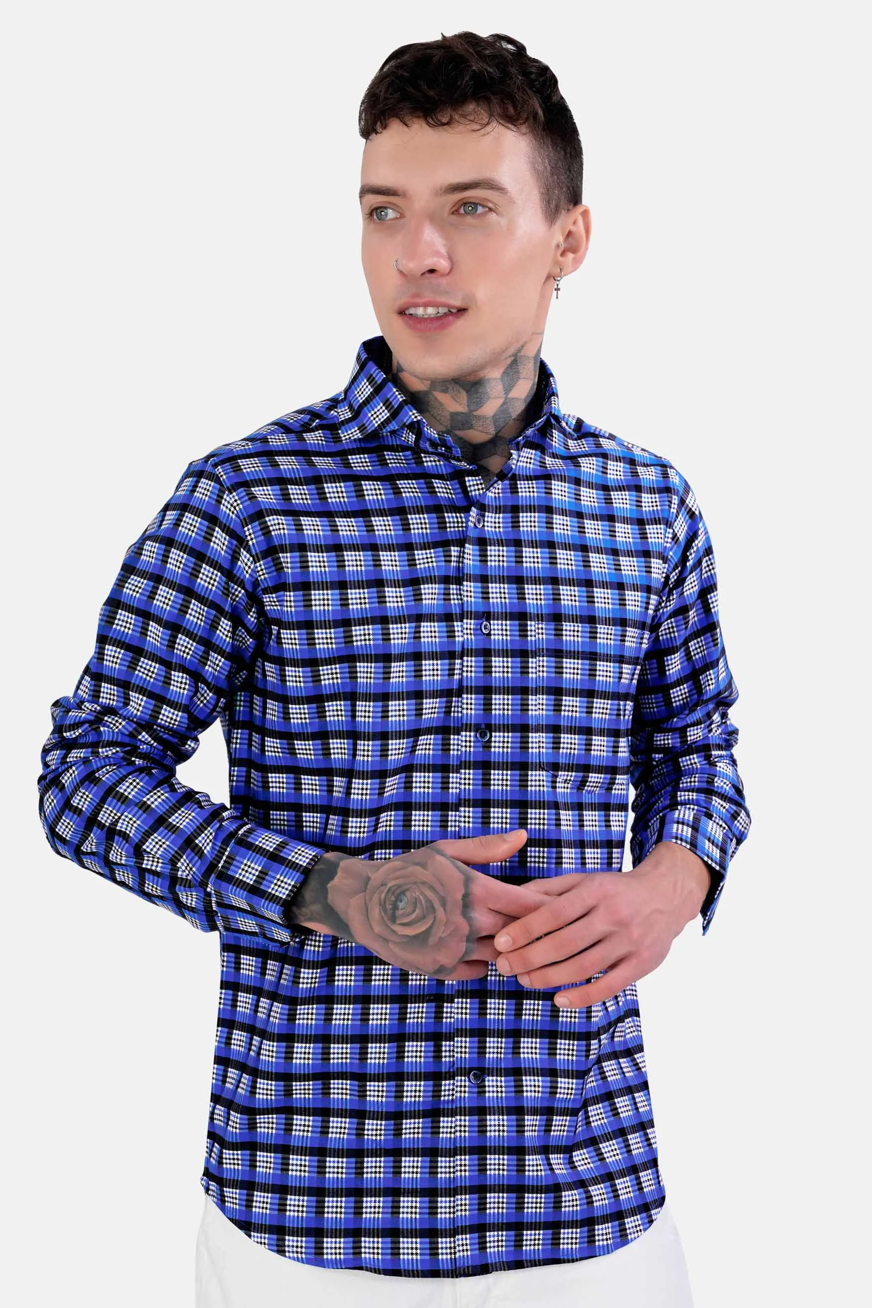 Azul Blue with White and Black Checkered Houndstooth Shirt