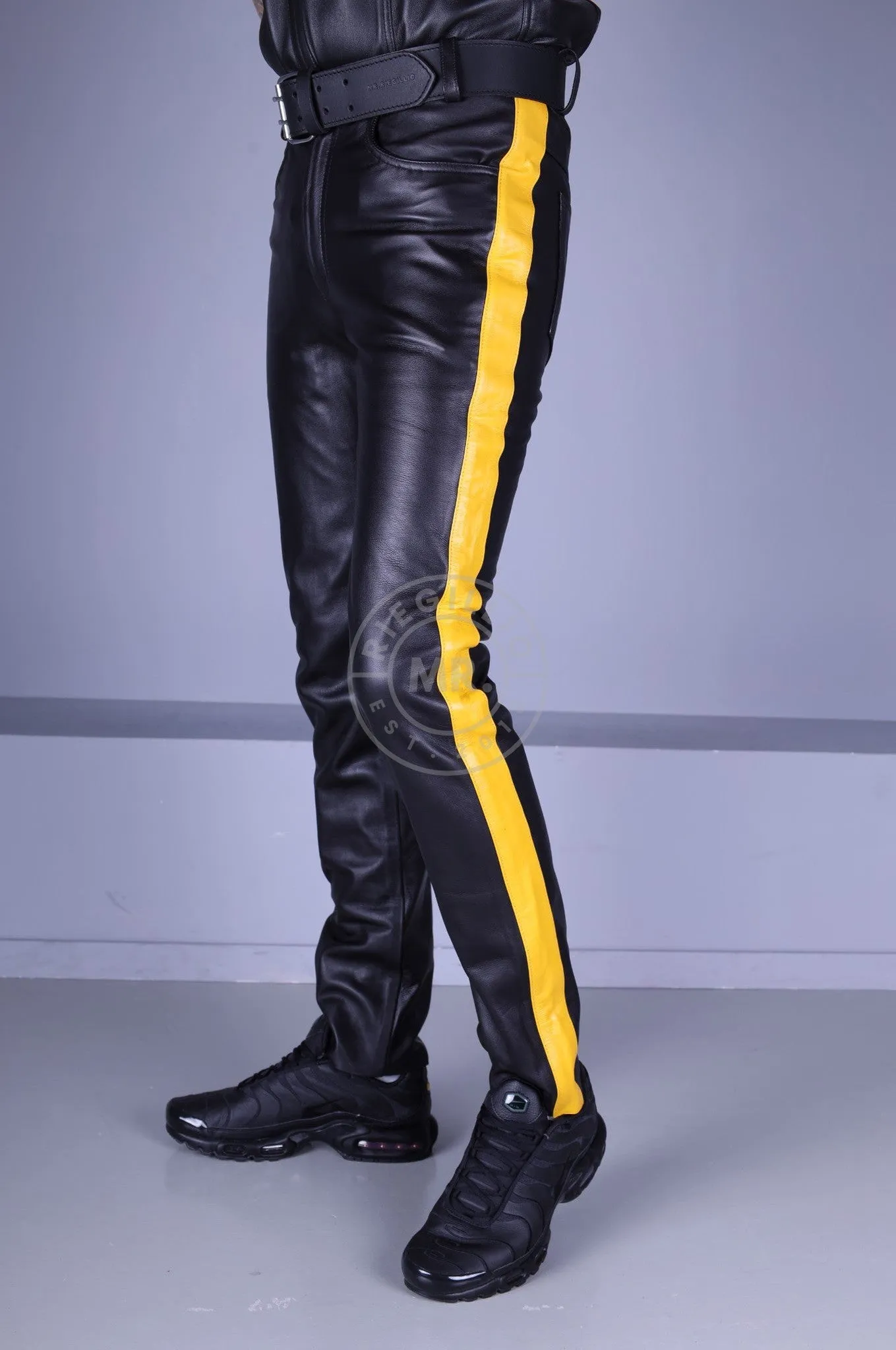 Black Leather 5 Pocket Pants - Yellow Stripe