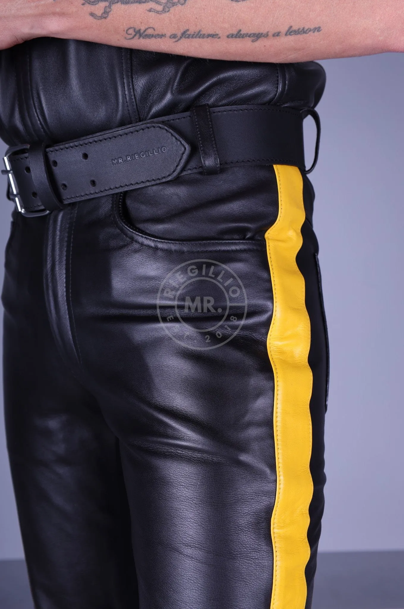 Black Leather 5 Pocket Pants - Yellow Stripe