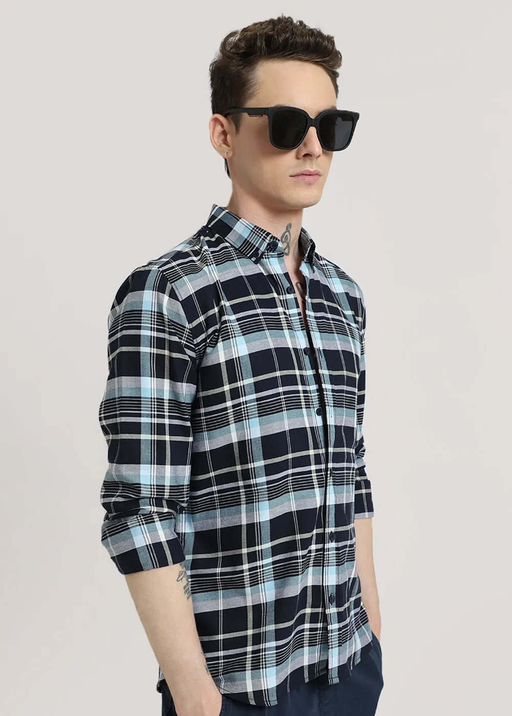 Blue Plaid Oxford Cotton Check Shirt