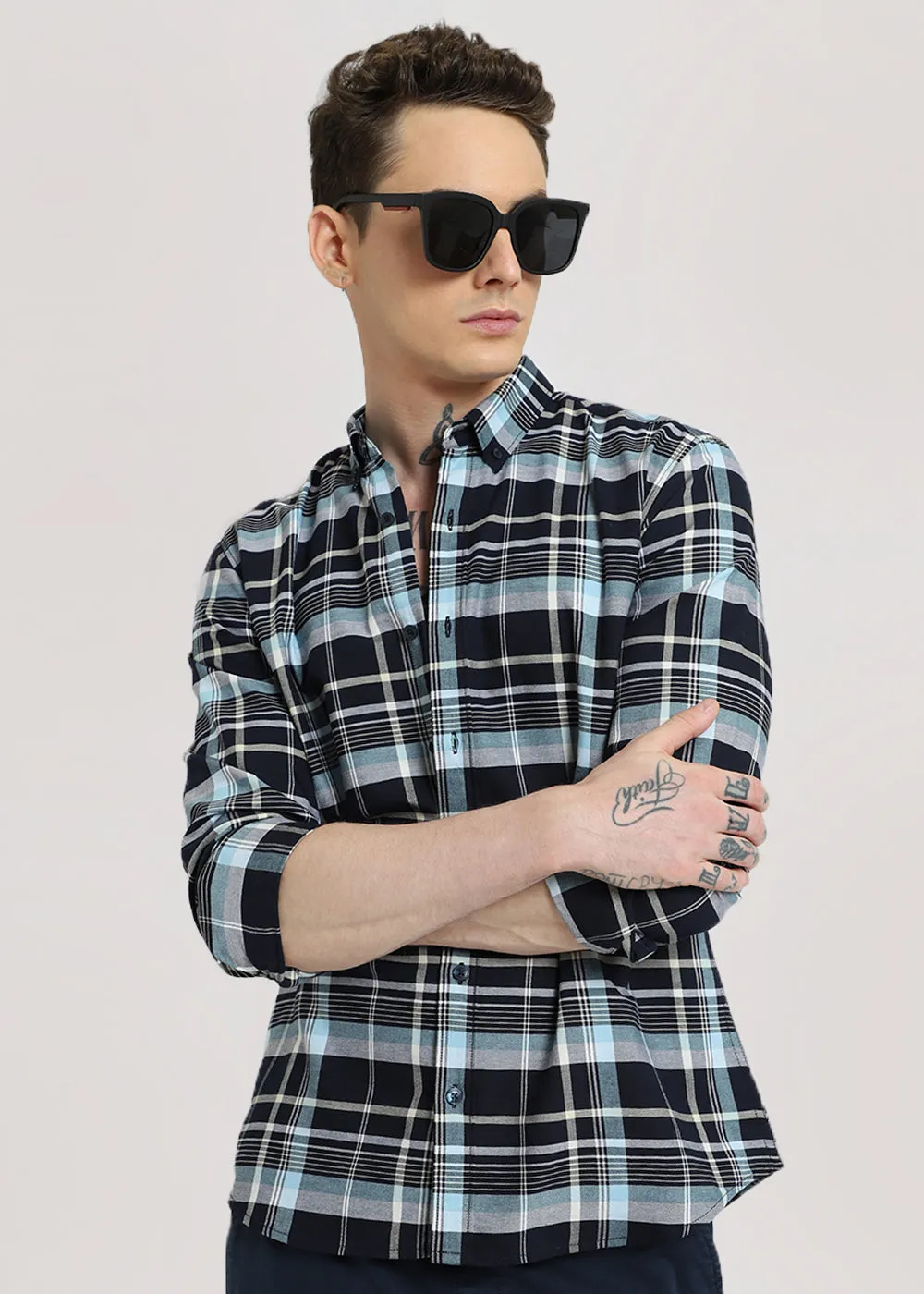 Blue Plaid Oxford Cotton Check Shirt