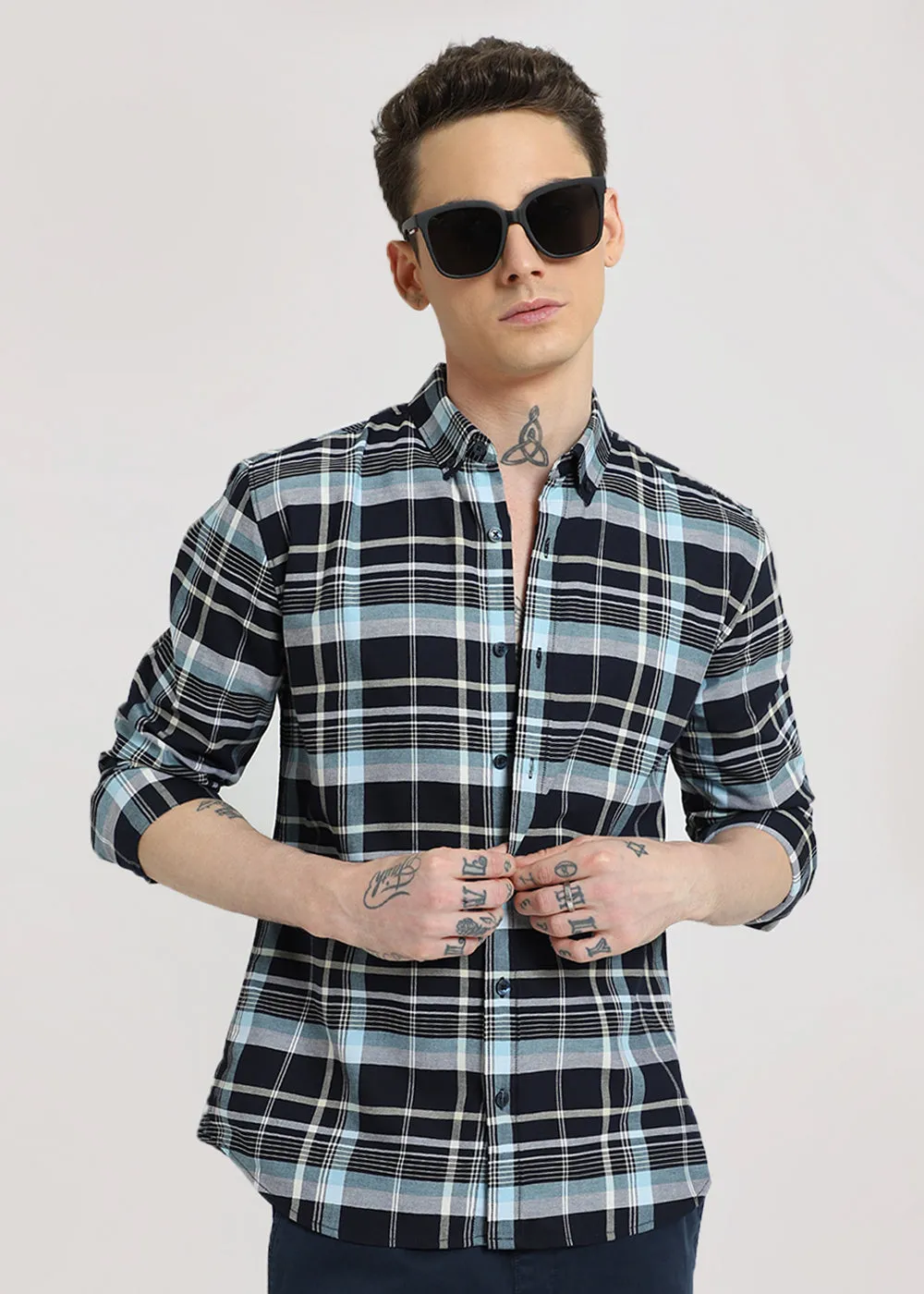 Blue Plaid Oxford Cotton Check Shirt