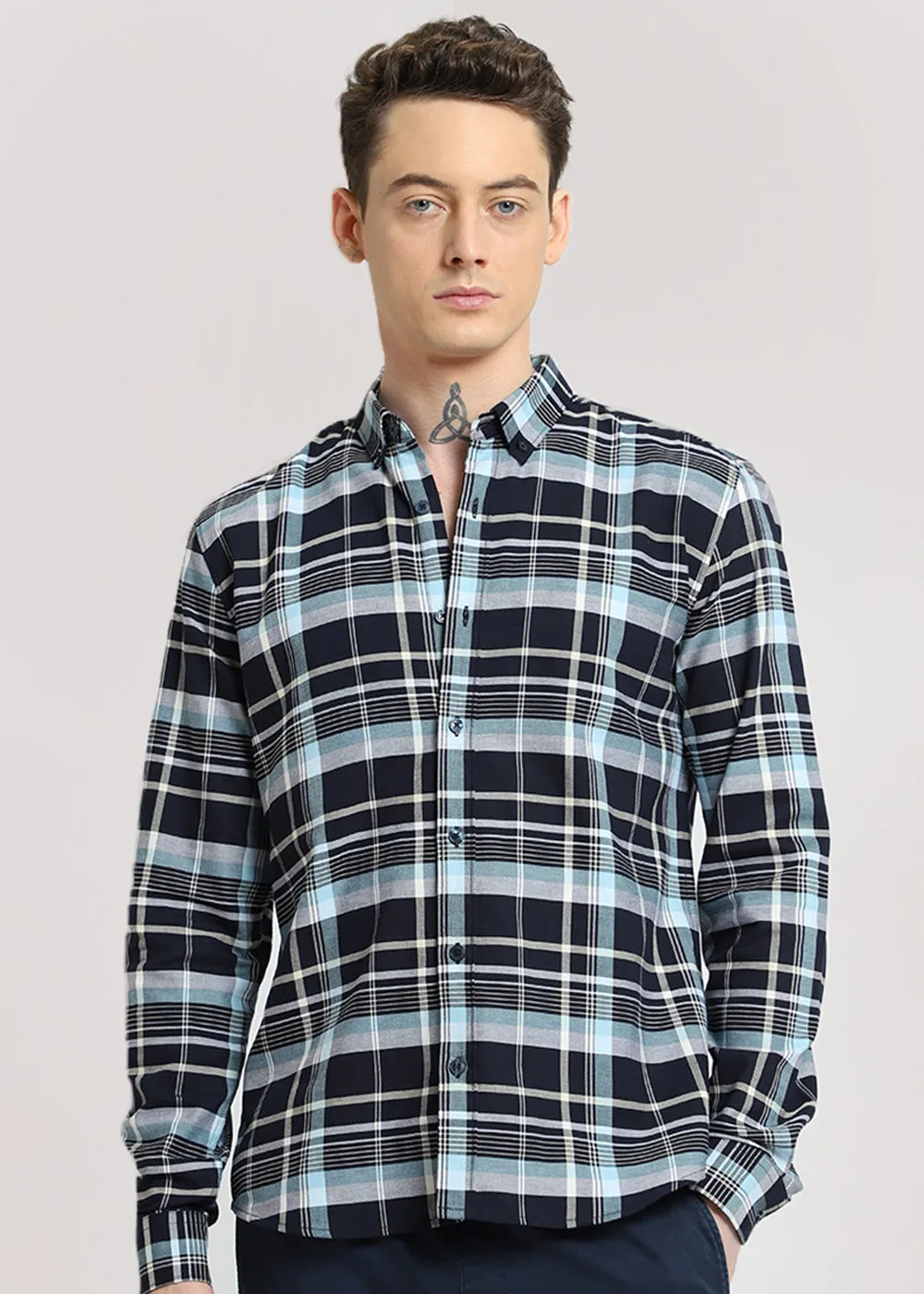 Blue Plaid Oxford Cotton Check Shirt