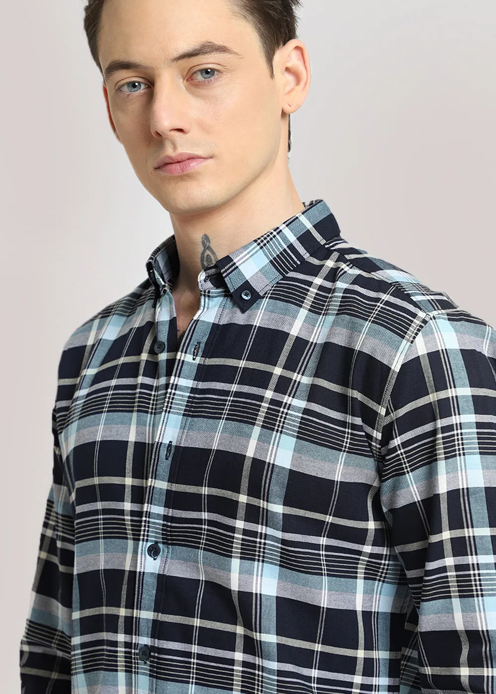 Blue Plaid Oxford Cotton Check Shirt