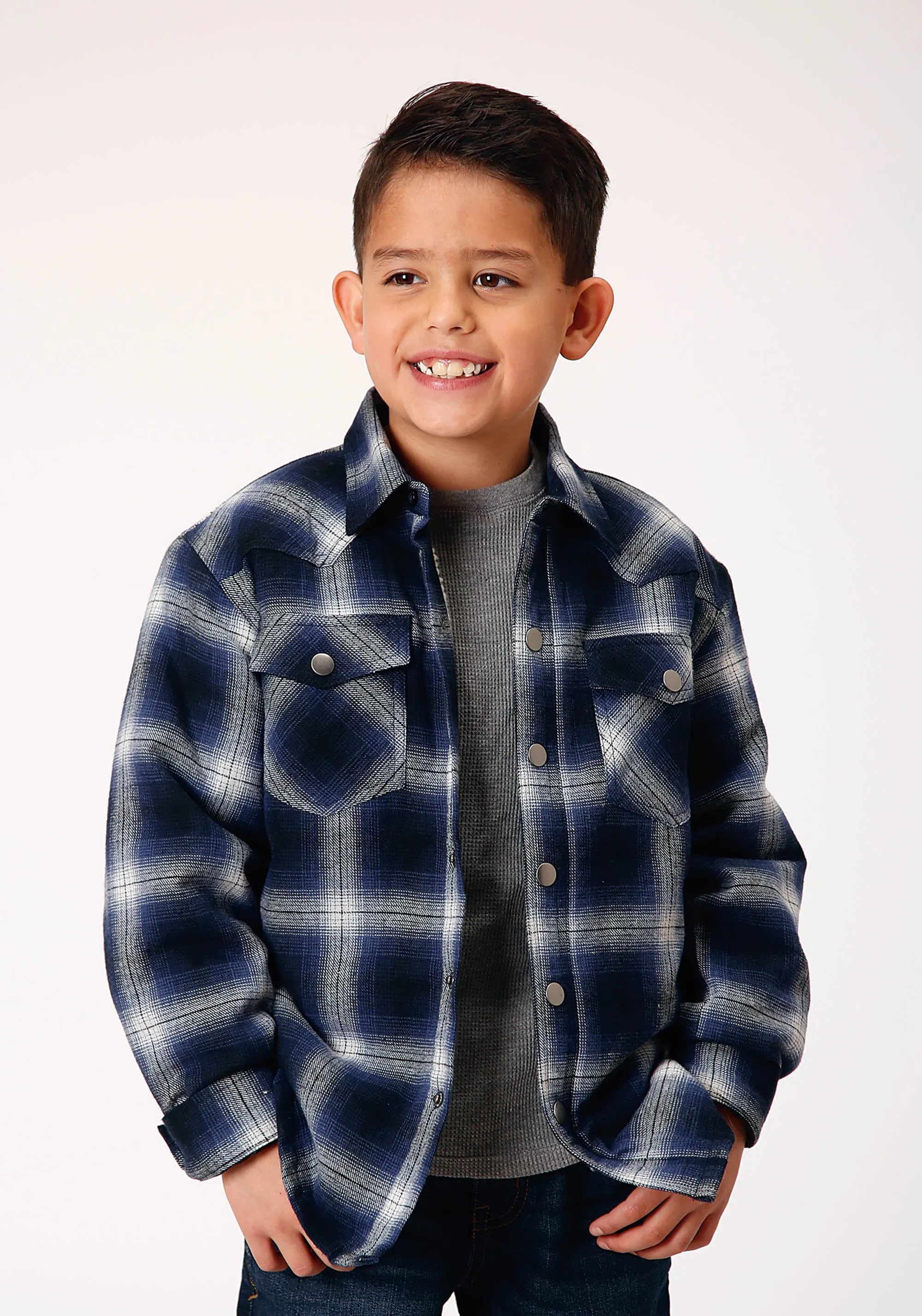 BOYS LONG SLEEVE SNAP CRANBERRY PLAID WESTERN SHIRT JACKET