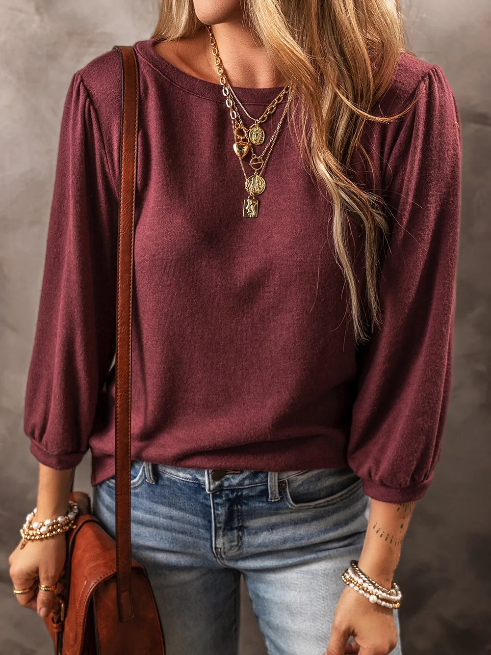 Burgundy Puff Sleeve Knit Top