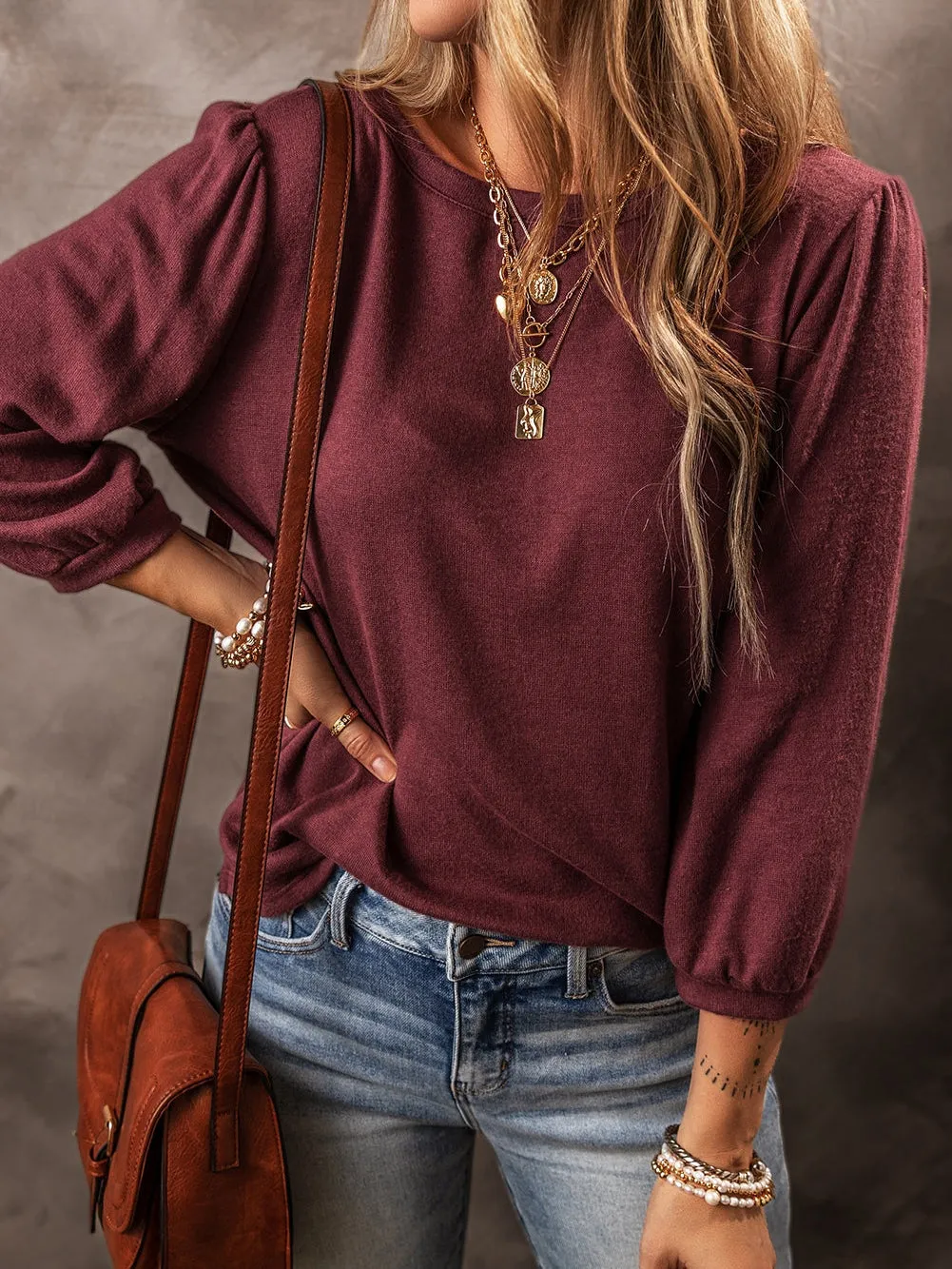 Burgundy Puff Sleeve Knit Top