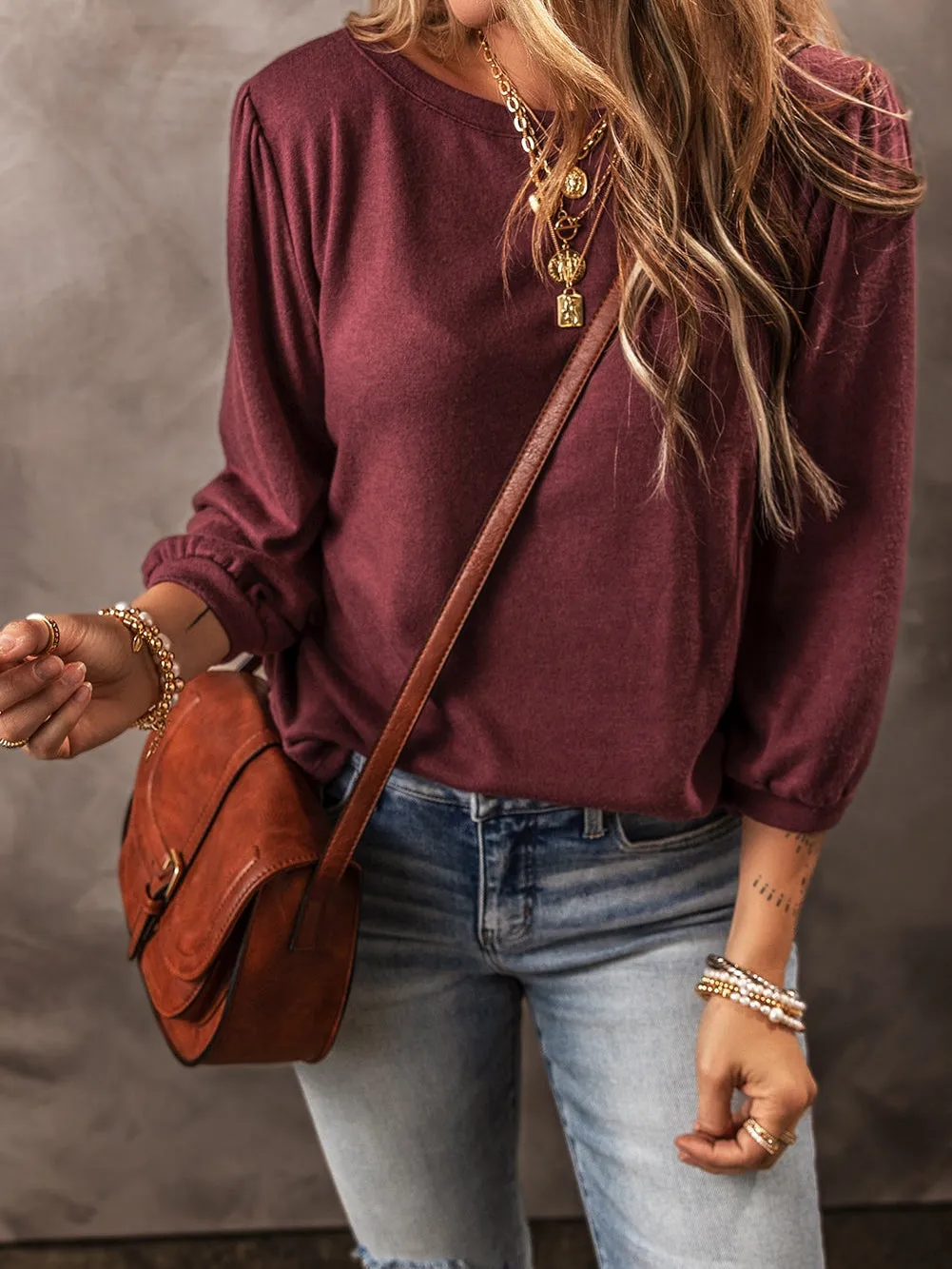 Burgundy Puff Sleeve Knit Top