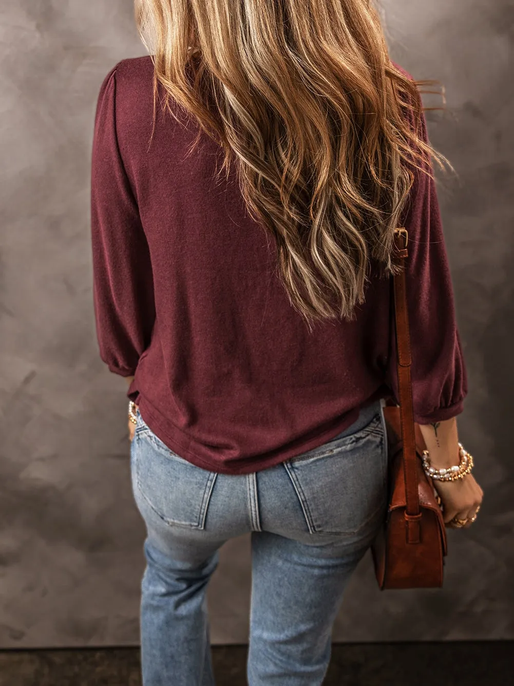 Burgundy Puff Sleeve Knit Top