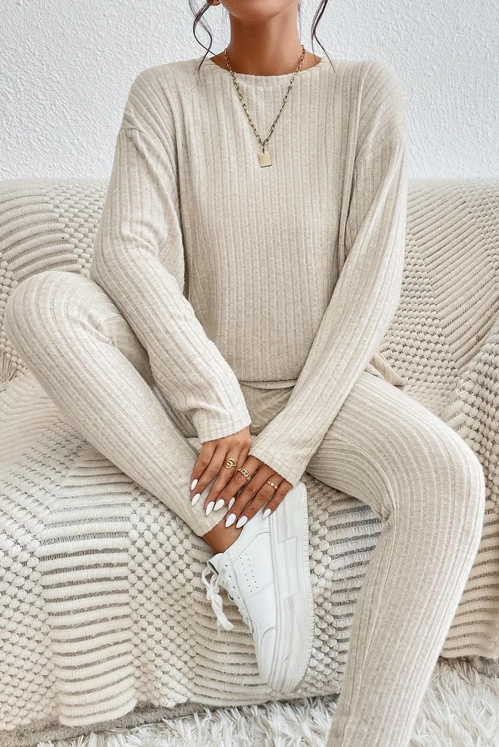 Chic Apricot Ribbed Knit Lounge Ensemble: Long Sleeve Top & Slim Fit Pants