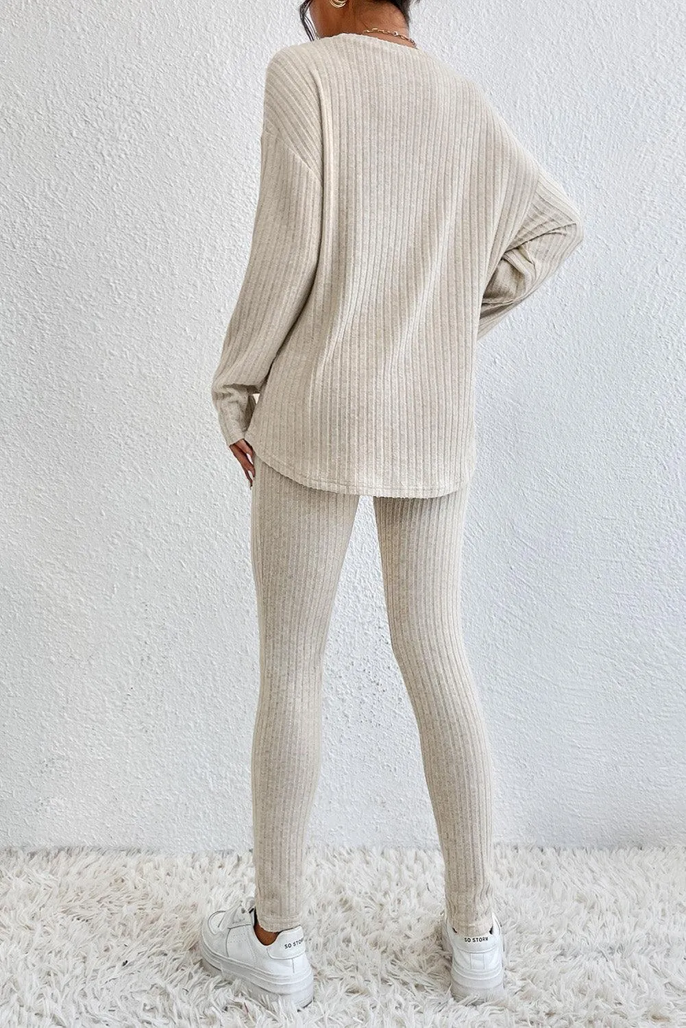 Chic Apricot Ribbed Knit Lounge Ensemble: Long Sleeve Top & Slim Fit Pants