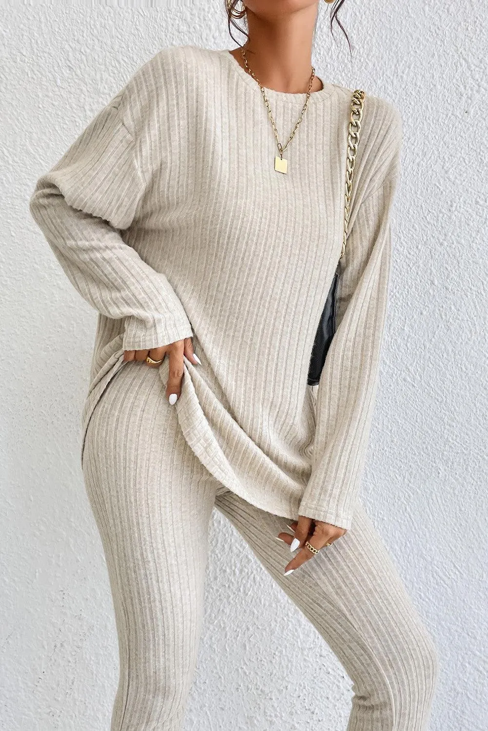 Chic Apricot Ribbed Knit Lounge Ensemble: Long Sleeve Top & Slim Fit Pants