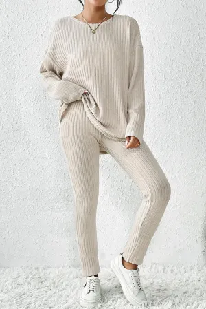 Chic Apricot Ribbed Knit Lounge Ensemble: Long Sleeve Top & Slim Fit Pants