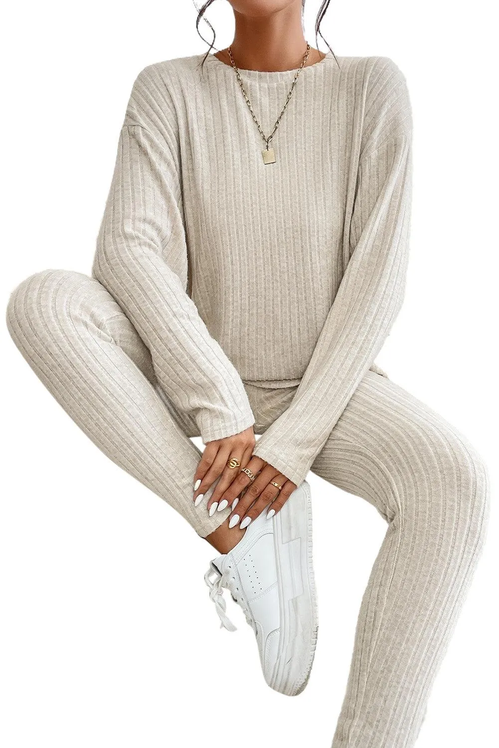 Chic Apricot Ribbed Knit Lounge Ensemble: Long Sleeve Top & Slim Fit Pants