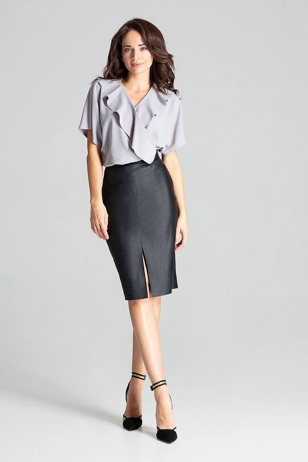 Chic Eco-Leather Midi Pencil Skirt with Elegant Front Clasp