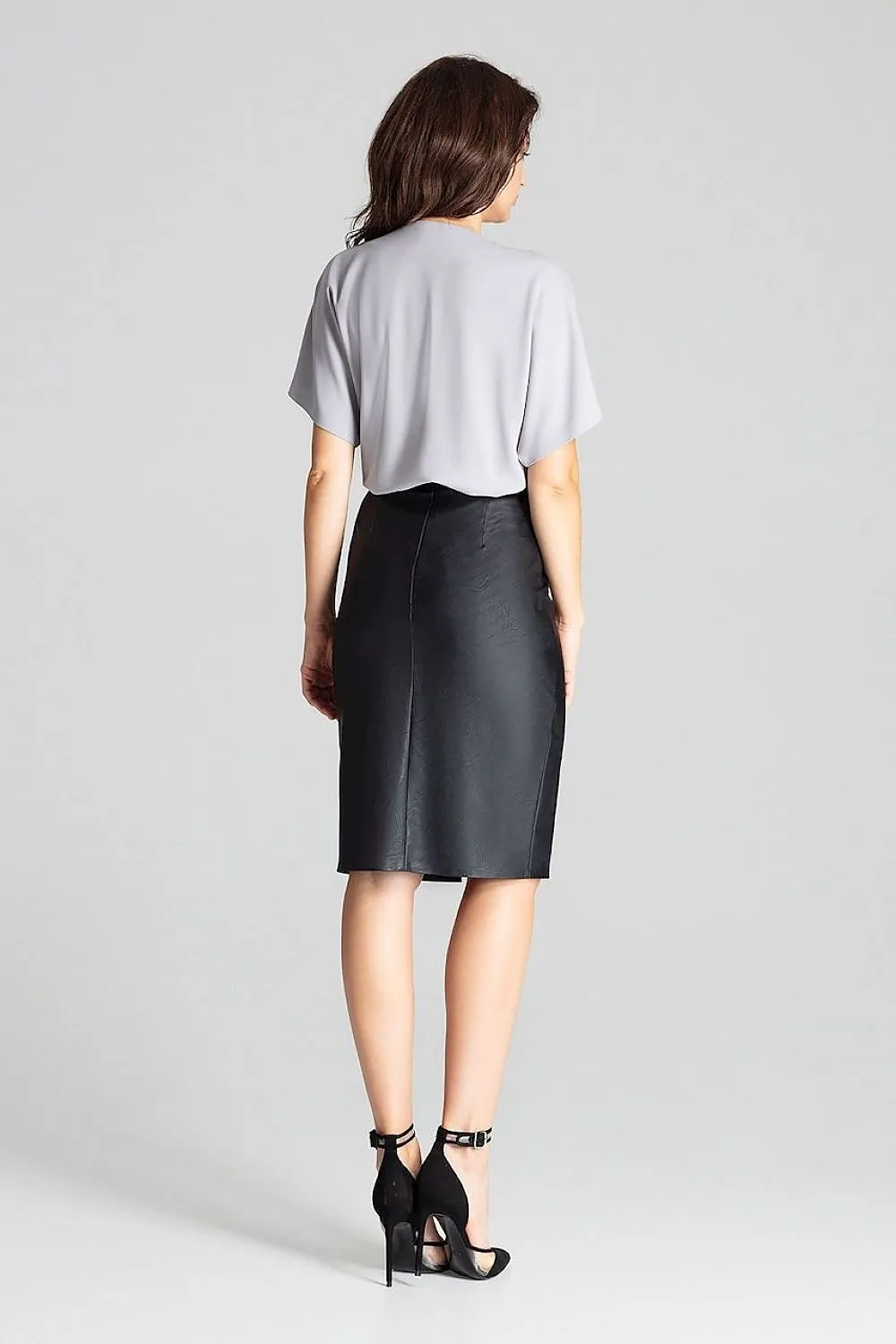 Chic Eco-Leather Midi Pencil Skirt with Elegant Front Clasp