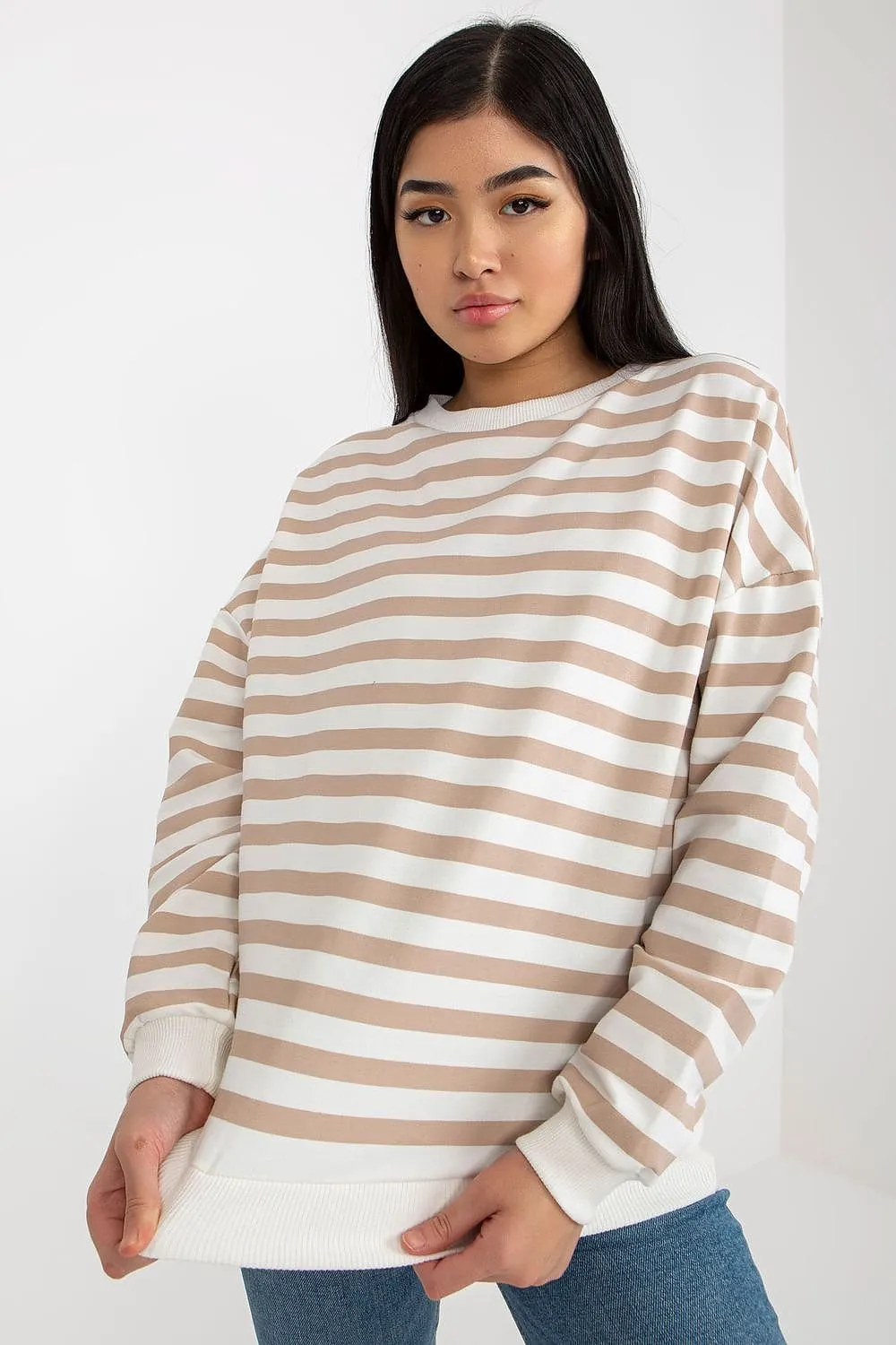 Chic Striped Cotton Sweater with Round Neck for Women in Parisian Style