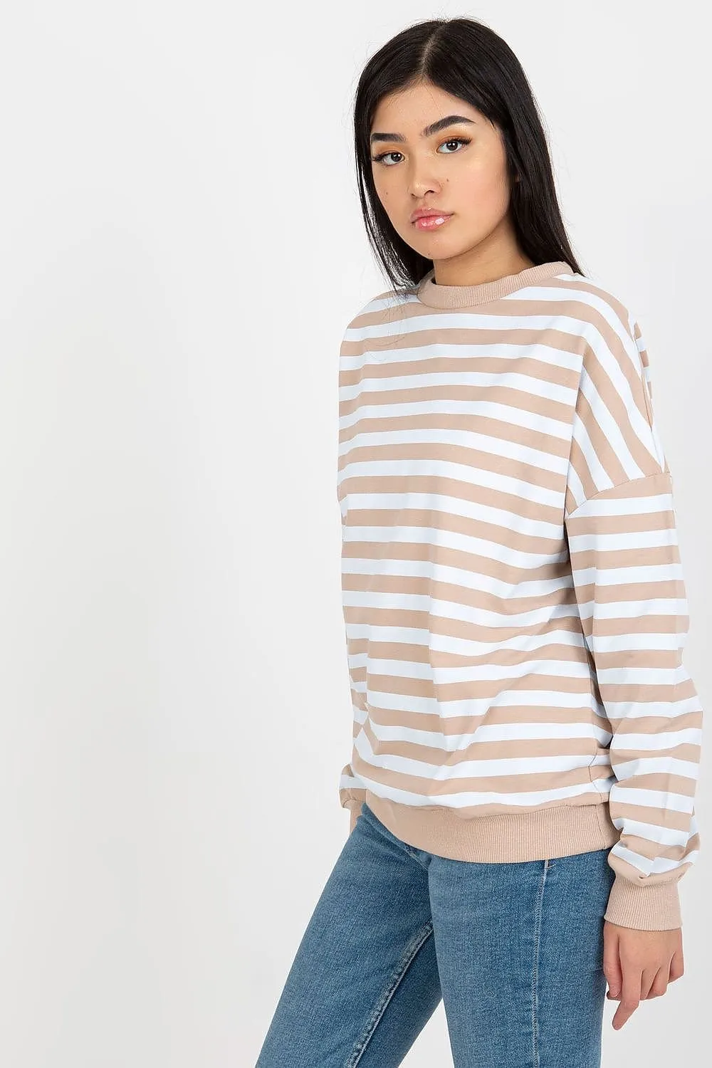 Chic Striped Cotton Sweater with Round Neck for Women in Parisian Style