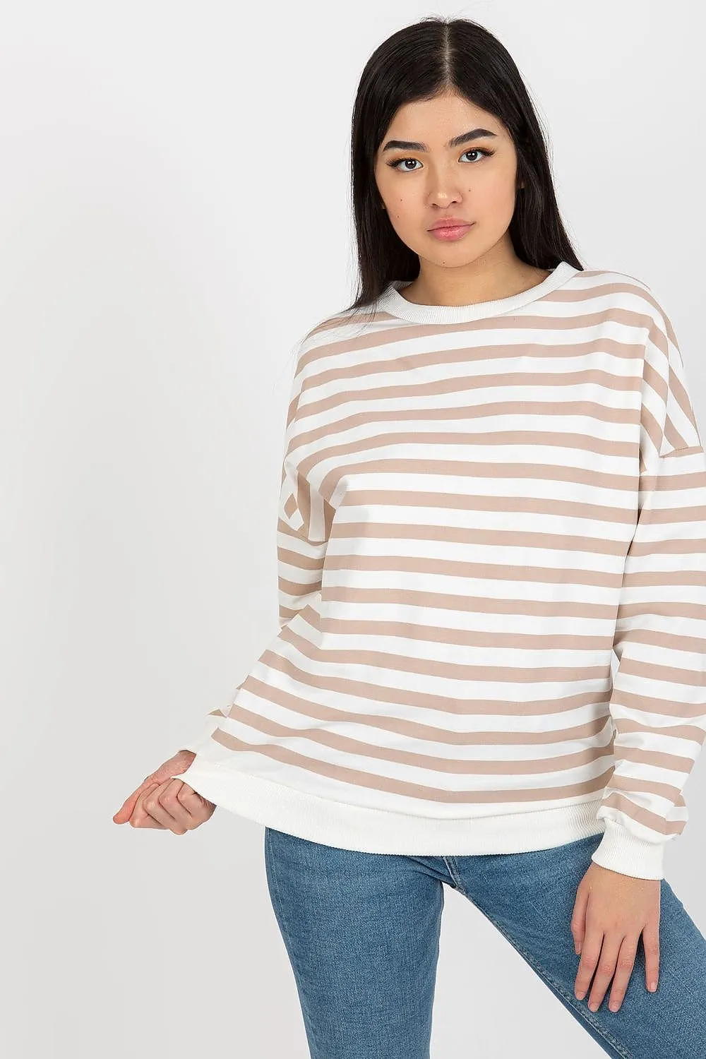 Chic Striped Cotton Sweater with Round Neck for Women in Parisian Style