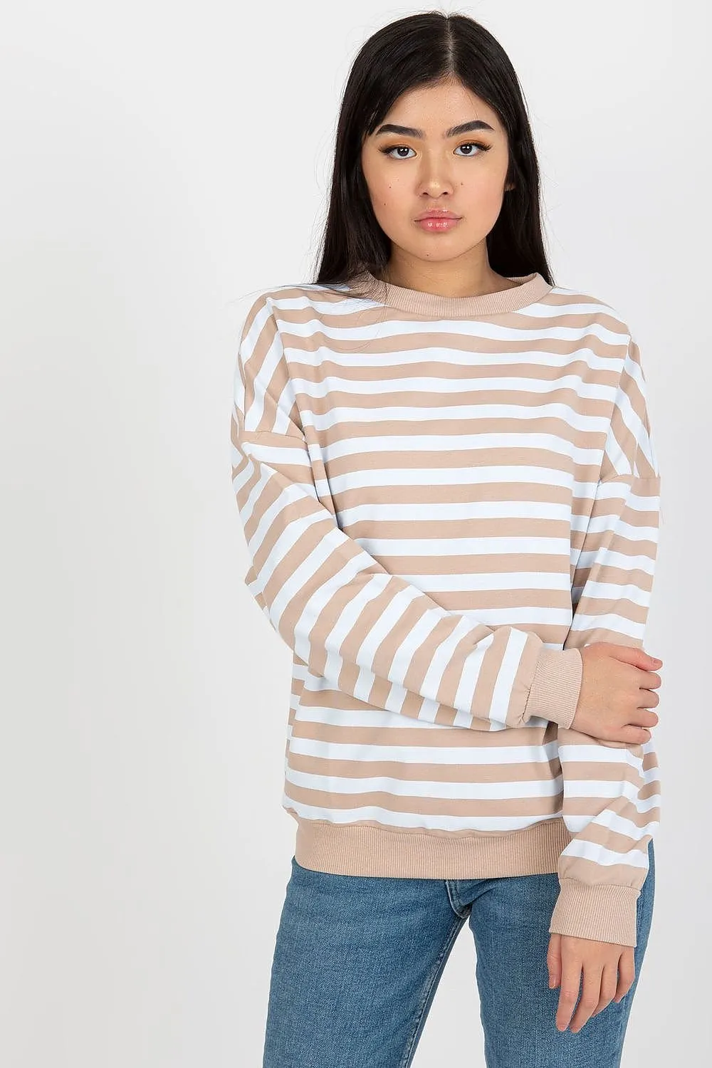 Chic Striped Cotton Sweater with Round Neck for Women in Parisian Style