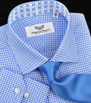 Classic Blue Designer Gingham Checkers Formal Business Dress Shirt in Luxury Floral Fashion