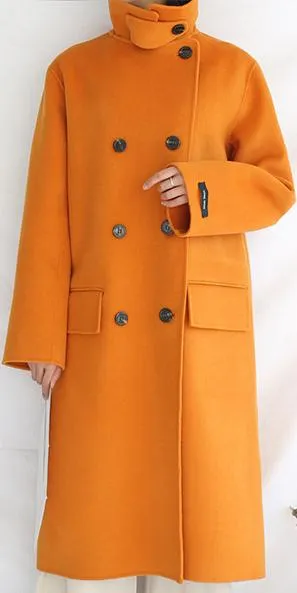 Double-Breasted High-Collar Wool/Cashmere Coat - Yellow, Deep Terracotta or Light Camel