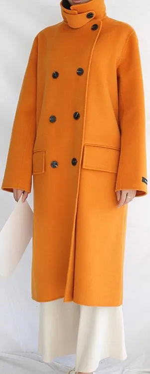 Double-Breasted High-Collar Wool/Cashmere Coat - Yellow, Deep Terracotta or Light Camel