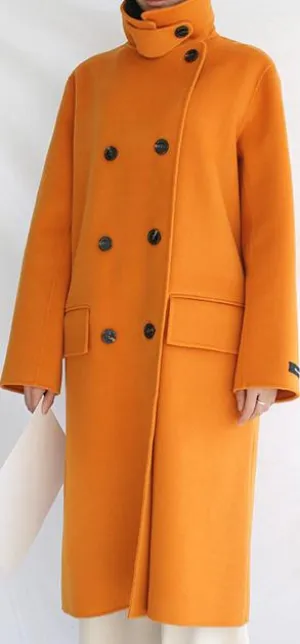 Double-Breasted High-Collar Wool/Cashmere Coat - Yellow, Deep Terracotta or Light Camel