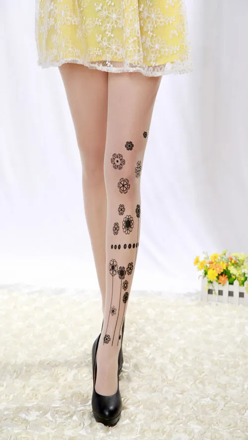 Fake Tattoo Hosiery Socks Cute Patterns Sheer Pantyhose Mock Stockings Tights