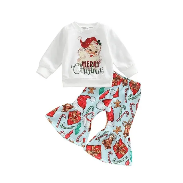 Girls Christmas Clothing Set - Long Sleeve Letter Print Sweatshirt   Flare Pants