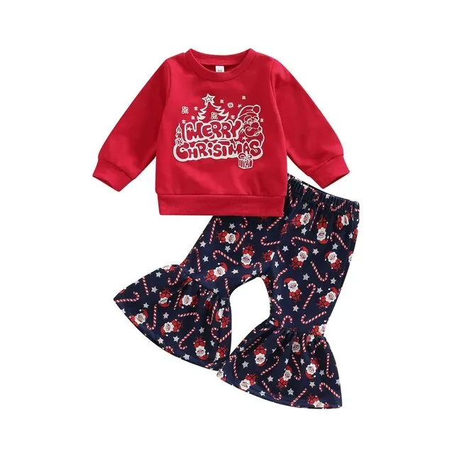 Girls Christmas Clothing Set - Long Sleeve Letter Print Sweatshirt   Flare Pants