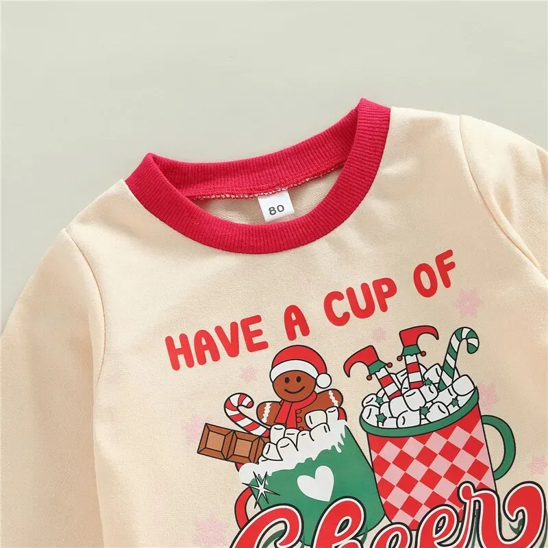 Girls Christmas Clothing Set - Long Sleeve Letter Print Sweatshirt   Flare Pants