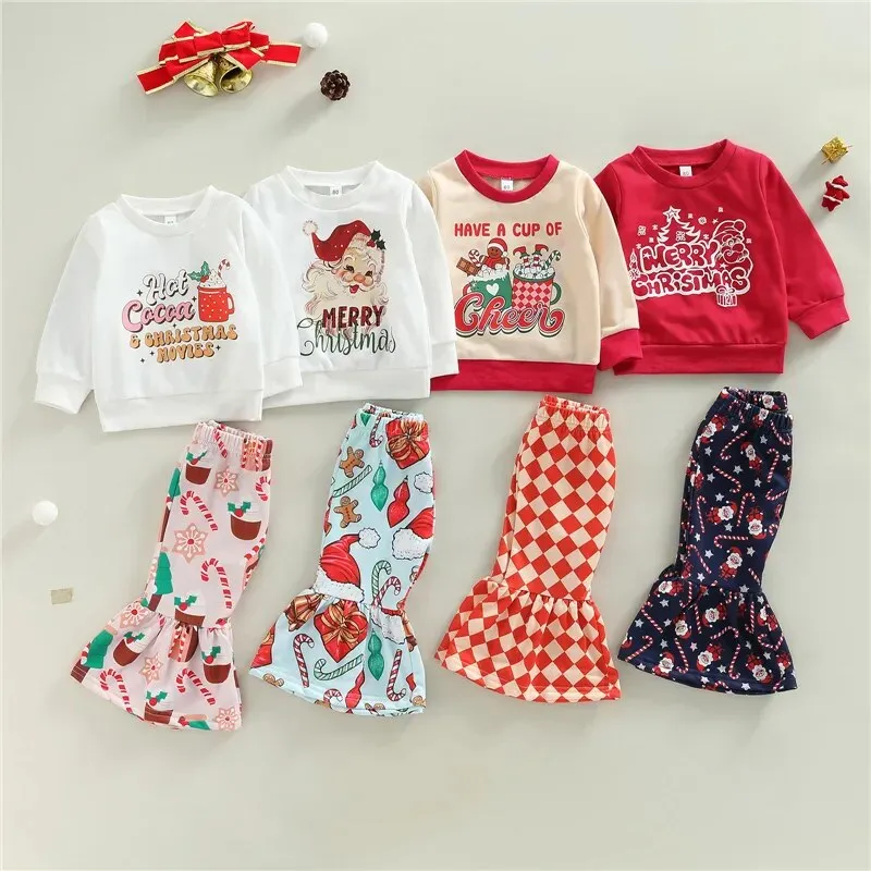 Girls Christmas Clothing Set - Long Sleeve Letter Print Sweatshirt   Flare Pants