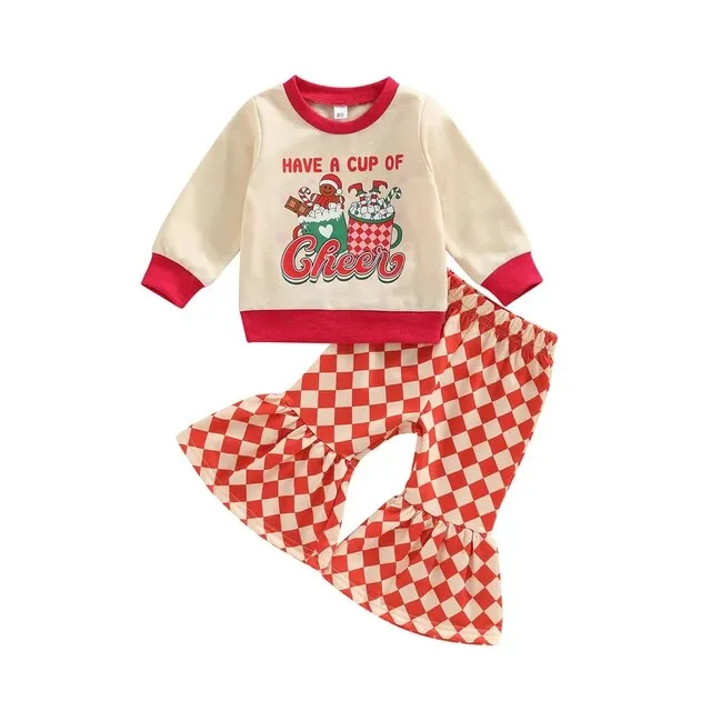 Girls Christmas Clothing Set - Long Sleeve Letter Print Sweatshirt   Flare Pants