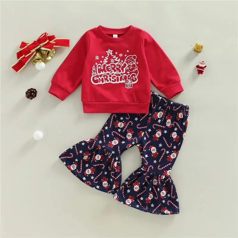 Girls Christmas Clothing Set - Long Sleeve Letter Print Sweatshirt   Flare Pants