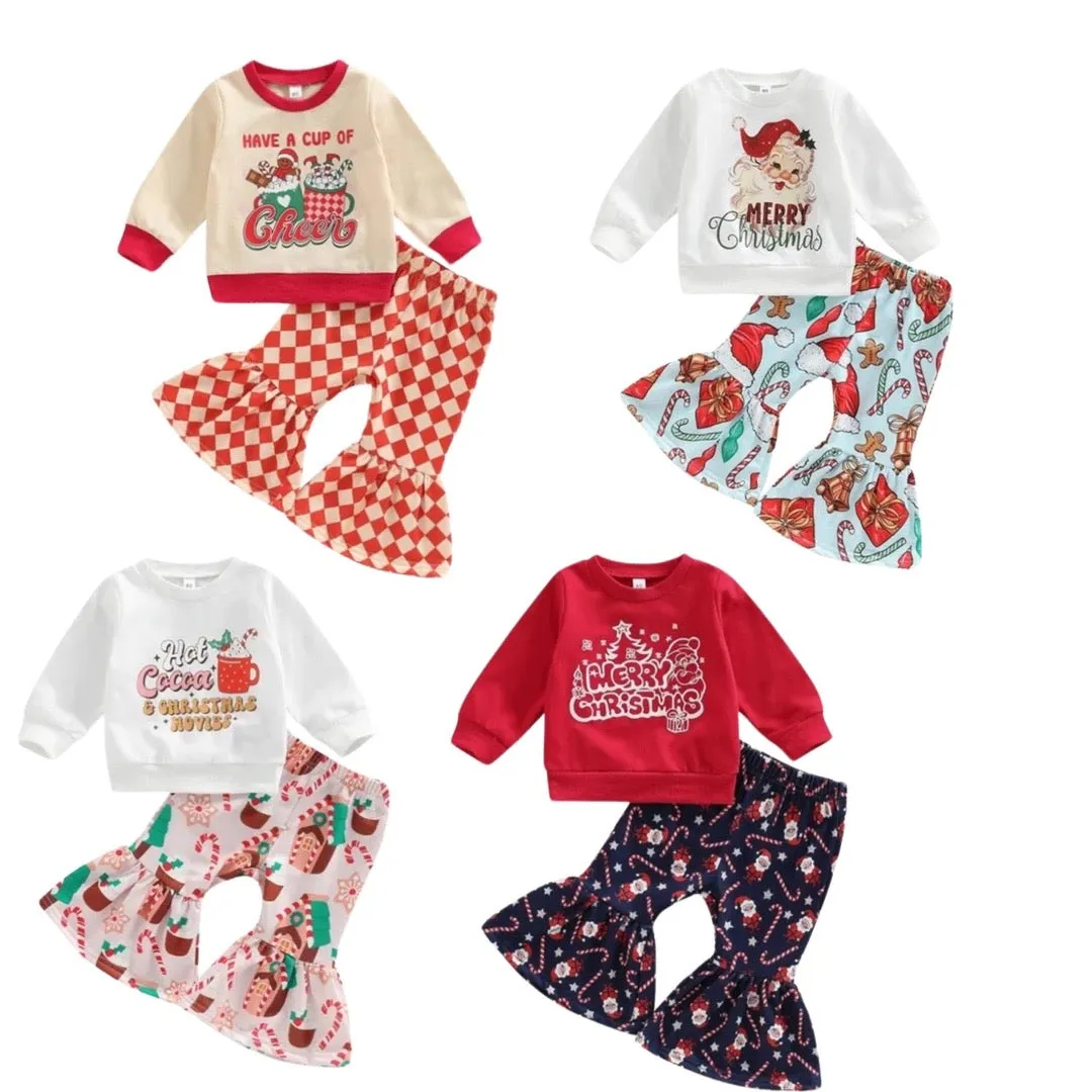 Girls Christmas Clothing Set - Long Sleeve Letter Print Sweatshirt   Flare Pants