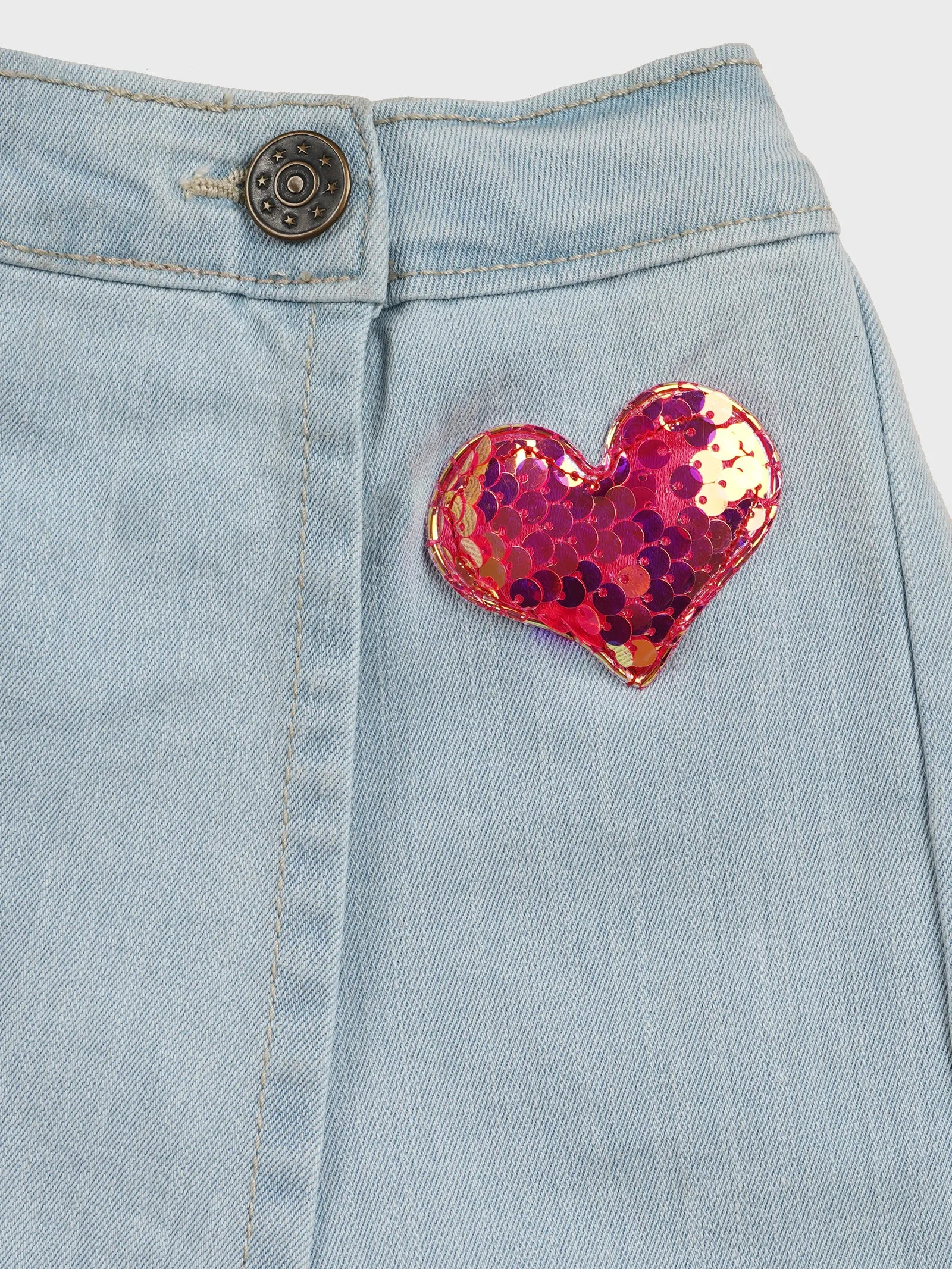 Girls Denim Over Lap Shorts With Sequin Heart Applique