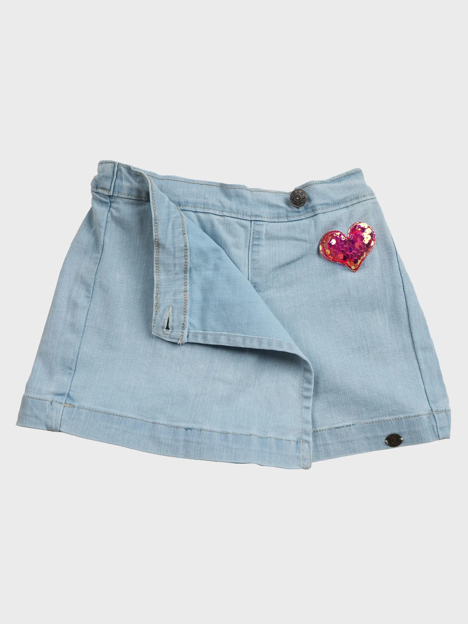 Girls Denim Over Lap Shorts With Sequin Heart Applique