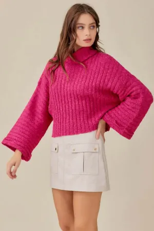 Hot Pink Turtleneck Bell Sleeve Cropped Sweater