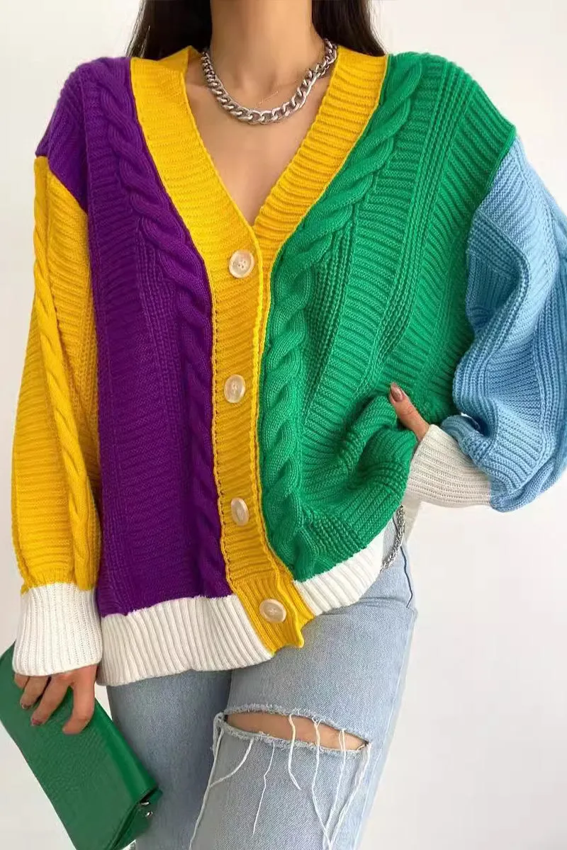 HWS1089 Bold Colorblock Knit Cardigan