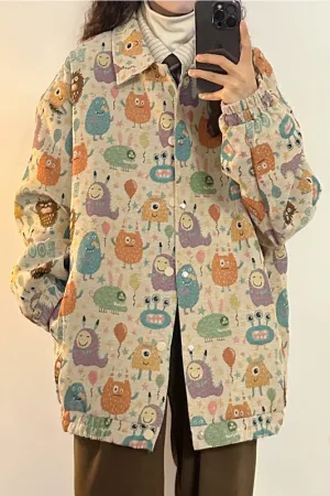 Japanese Retro Preppy Style Loose Fun Full Print Cartoon Lapel Jacket